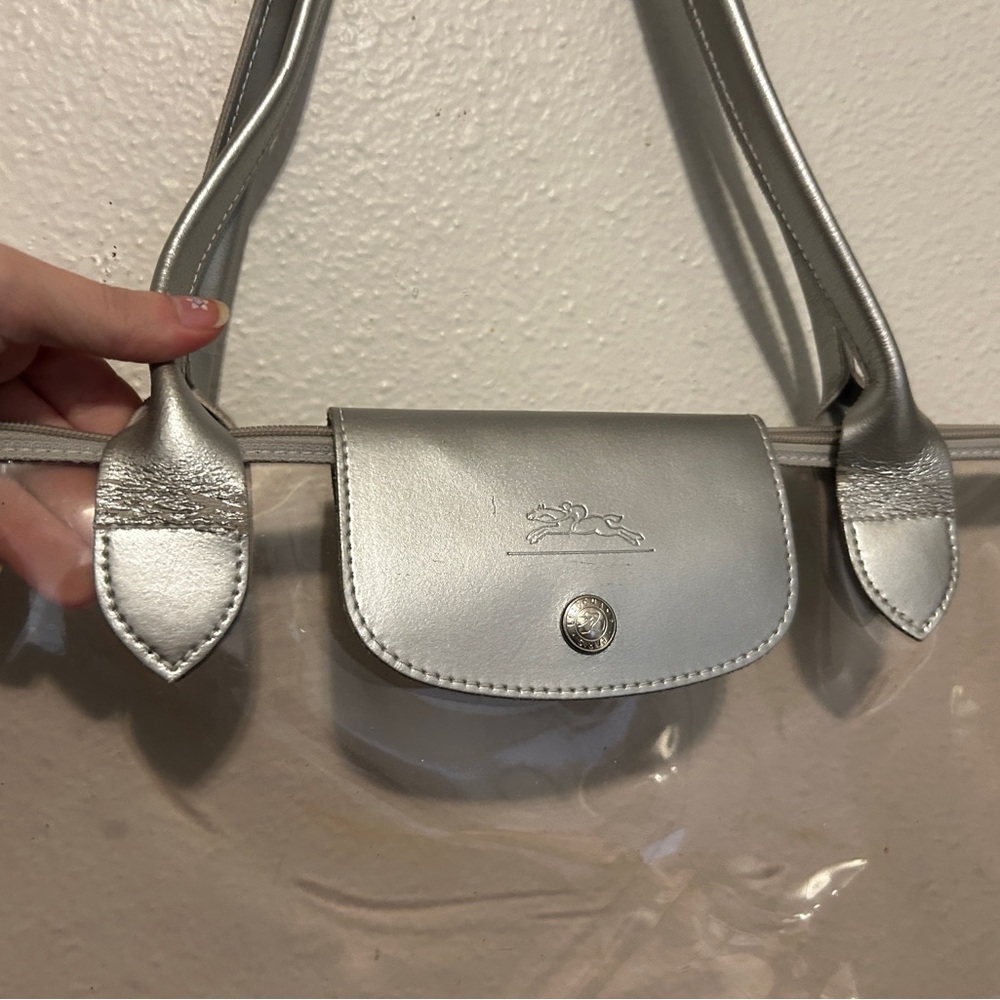 LONGCHAMP RARE Le Pliage Transparent Vinyl XL Tote Bag Silver Leather Ltd Ed. - Picture 15 of 16
